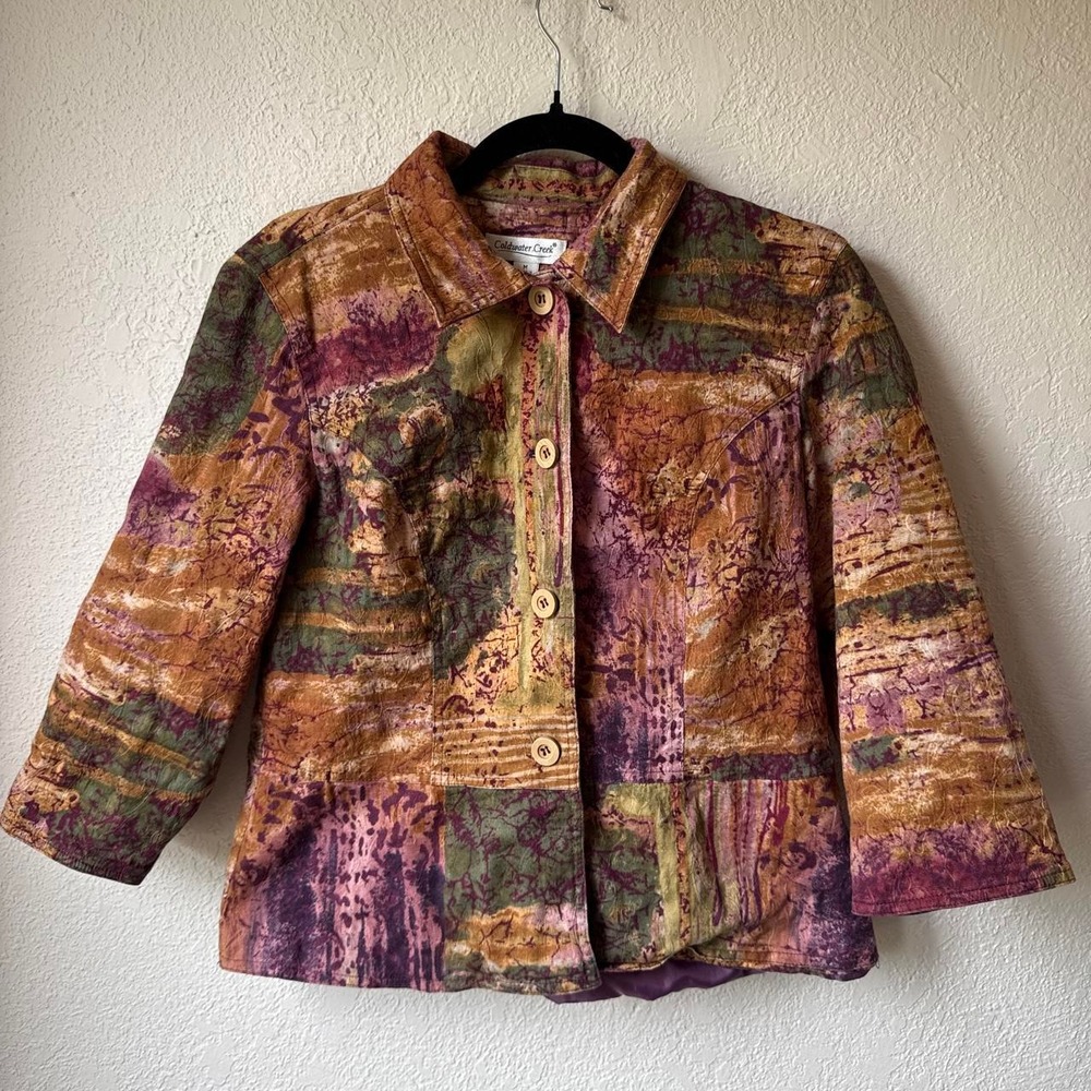 Coldwater Creek Cropped Patchwork Tie Dye Boho Jacket Multi Medium